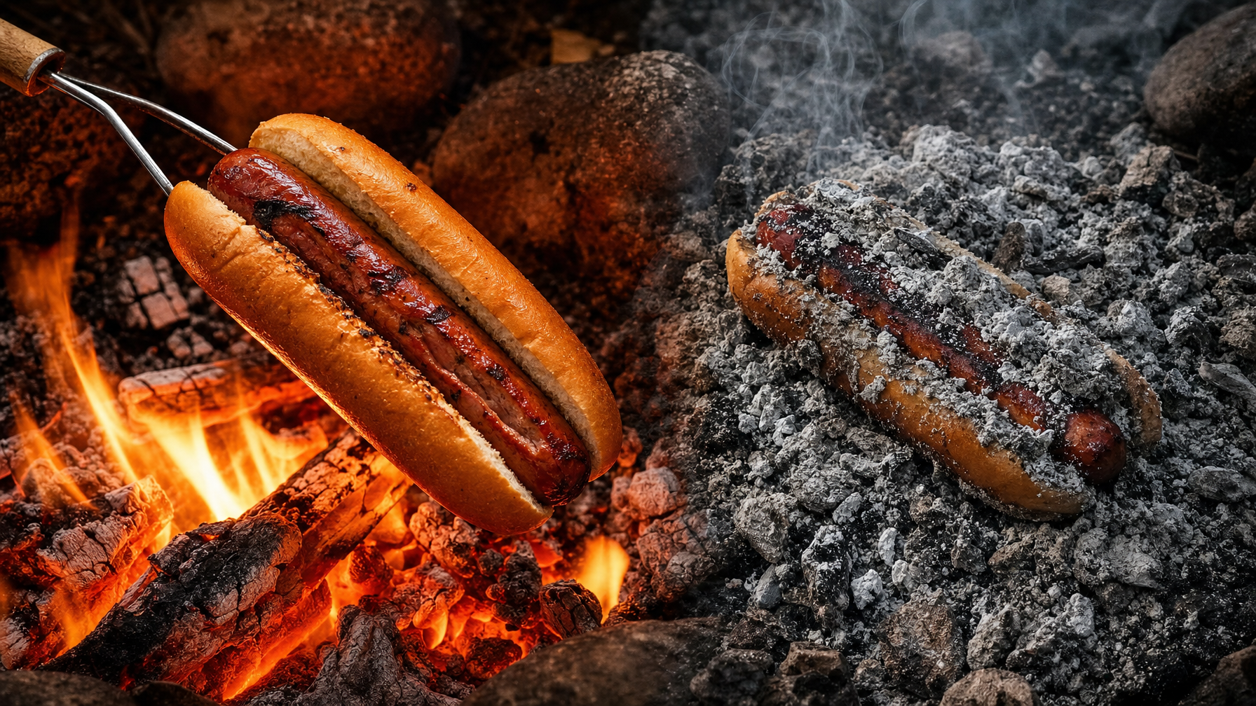 Two hot dogs in buns are shown cooking over a campfire, while another ash-covered hot dog rests among the coals and stones.