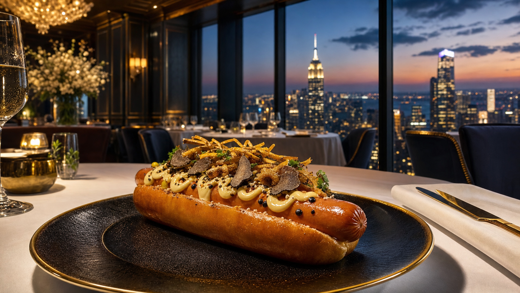 An elaborately topped hot dog sits on a black plate at a formally set table in an upscale restaurant overlooking a city skyline at dusk.