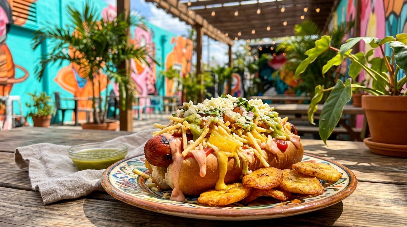 A loaded hot dog topped with sauces, cheese, avocado, and crispy strips sits with fried plantains on a plate at an outdoor patio table surrounded by colorful murals and plants.