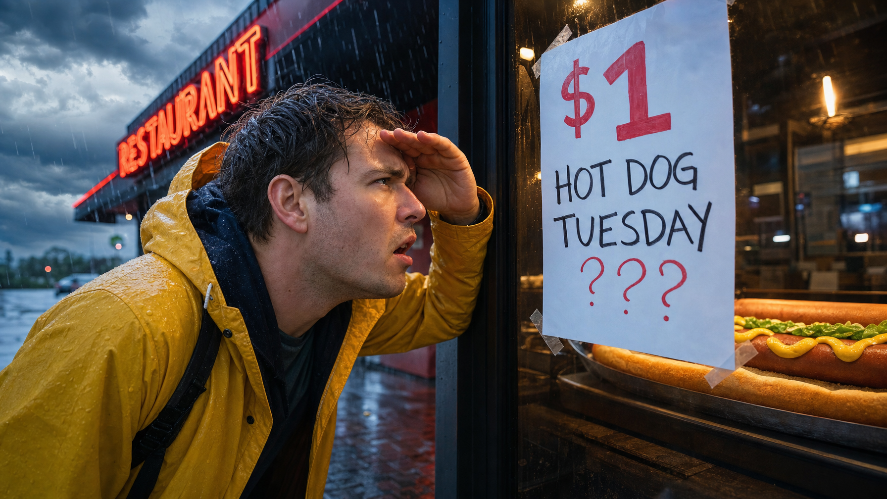 A person in a yellow raincoat peers into a restaurant window beside displayed hot dogs and a taped paper sign as rain falls outside.