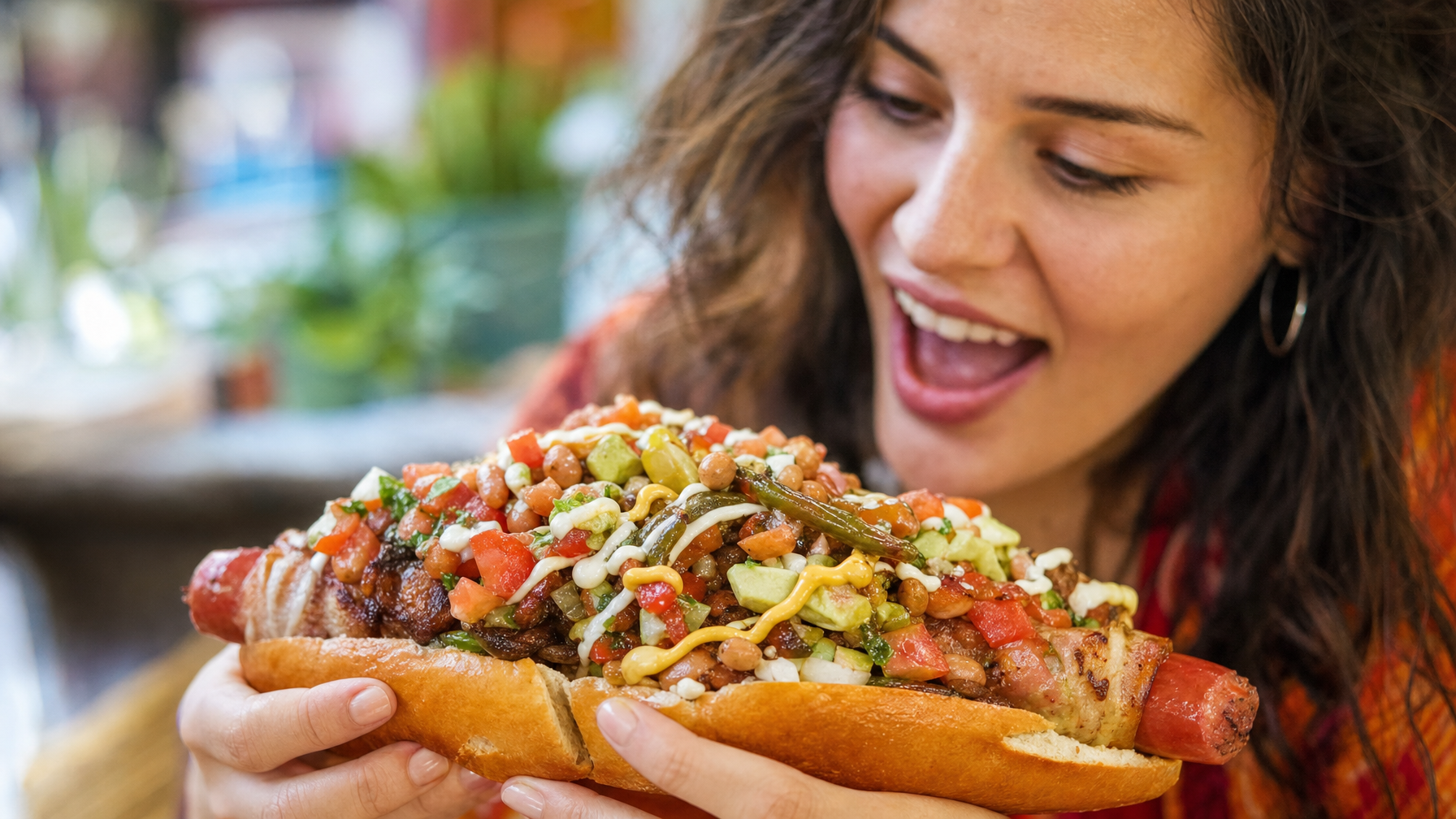 A person holds an oversized hot dog piled with beans, diced vegetables, avocado, sauces, and peppers while leaning in to eat it in an indoor dining area.