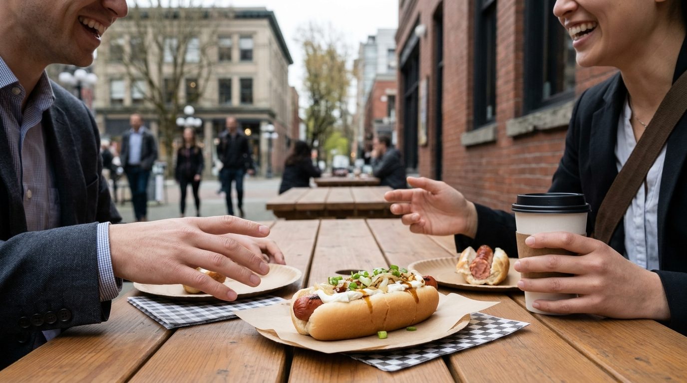 Two people gesture over a hot dog topped with white spread at an outdoor cafe table, with coffee, plates, and pedestrians on a city street behind them.