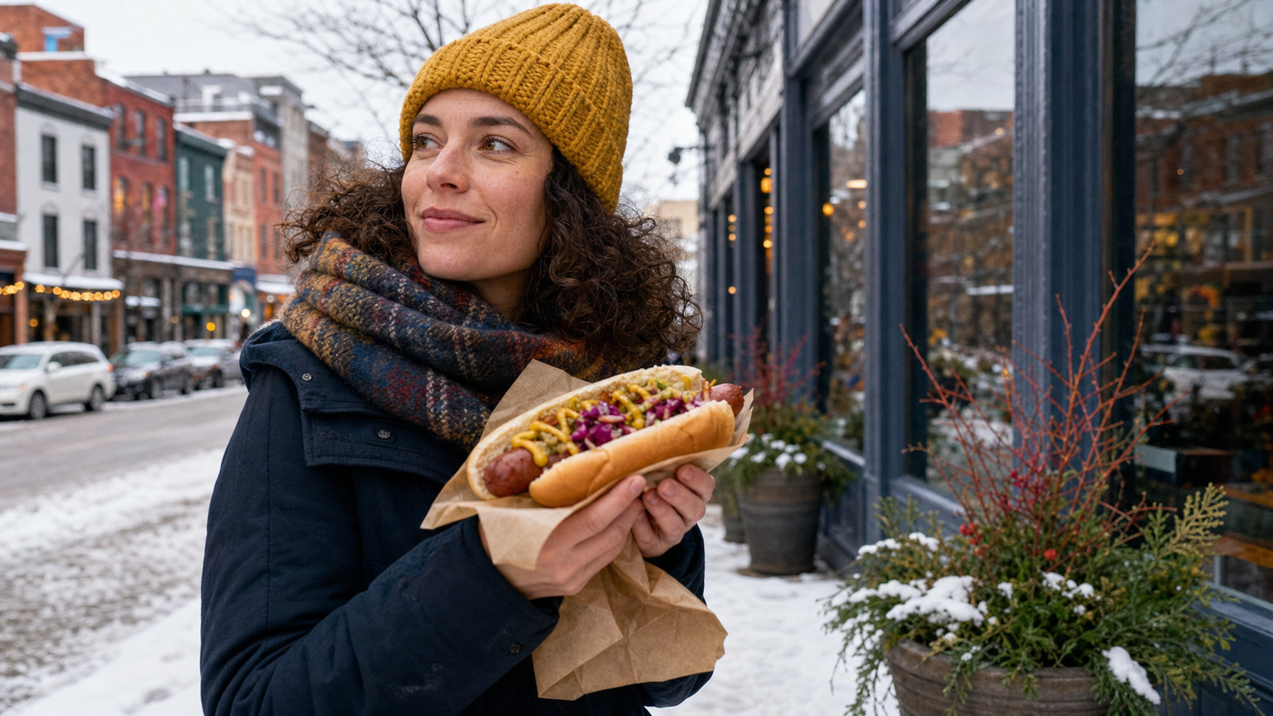A person in a knit hat and scarf holds a loaded hot dog outside a storefront on a snowy urban street.
