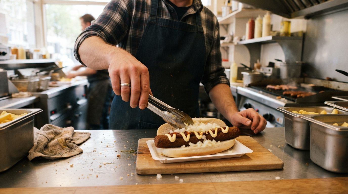 A food service worker uses tongs to add chopped onions to a bun holding a fried sausage and mustard at a commercial kitchen counter.