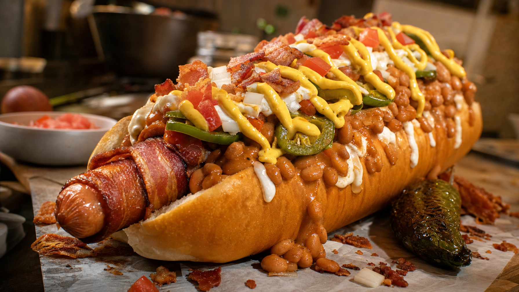 A bacon-wrapped hot dog in a bun is piled with beans, diced tomatoes, onions, jalapeño slices, white sauce, and yellow mustard on a kitchen work surface.