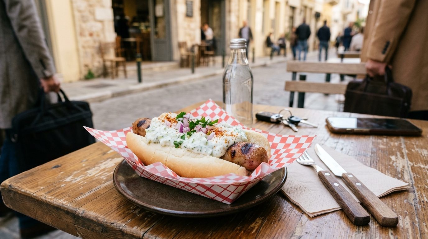 A grilled sausage in a bun topped with white sauce, chopped herbs and onions sits in a paper-lined dish on a wooden outdoor cafe table, with a pedestrian street behind it.