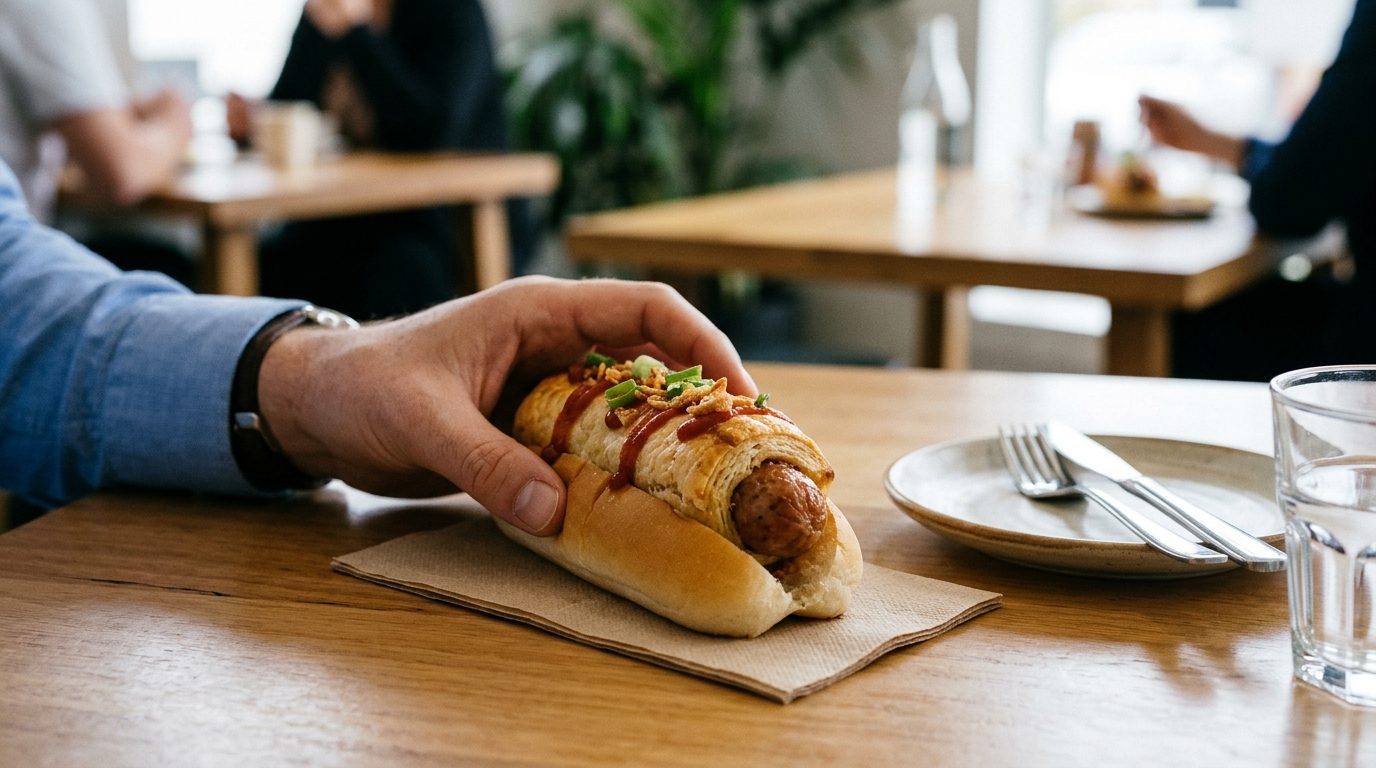 A hand steadies a pastry-wrapped sausage in a split bun on a napkin at a cafe table, with sauce and toppings, plates and glasses nearby.