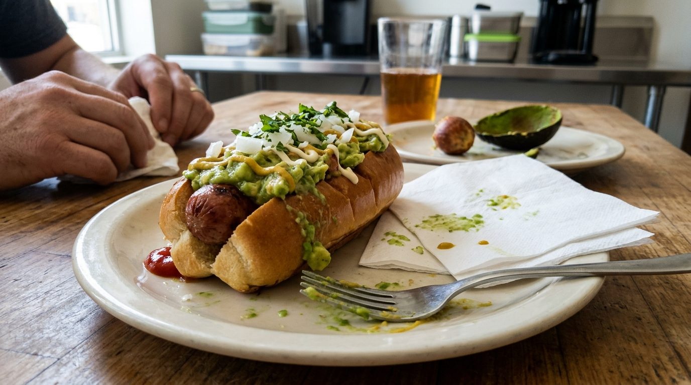 An avocado-topped hot dog with chopped onion, herbs, and sauces sits on a plate with a fork and napkins at a kitchen table, while a person prepares food nearby.