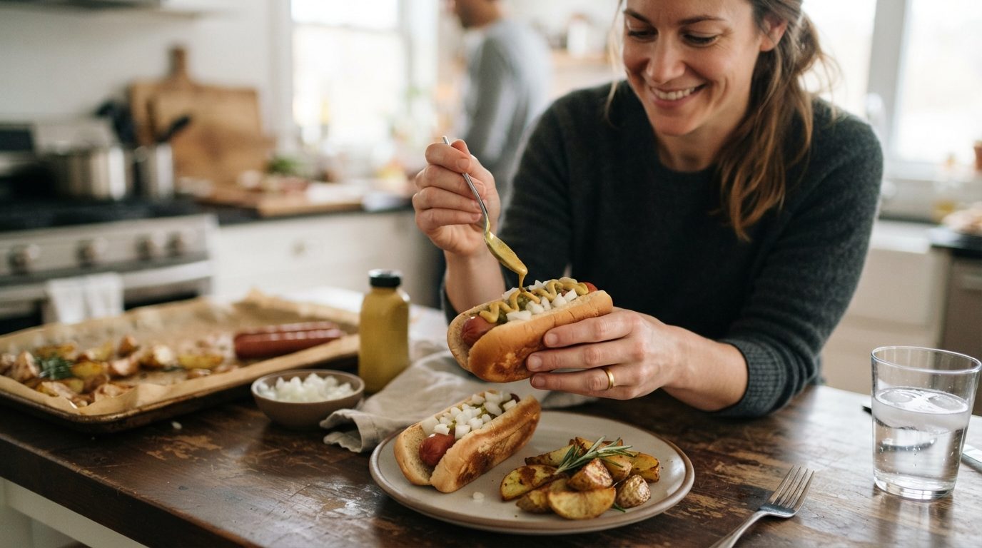 A person adds yellow sauce to a topped hot dog at a kitchen table, with another hot dog, roasted potatoes, and a sheet pan of food nearby.