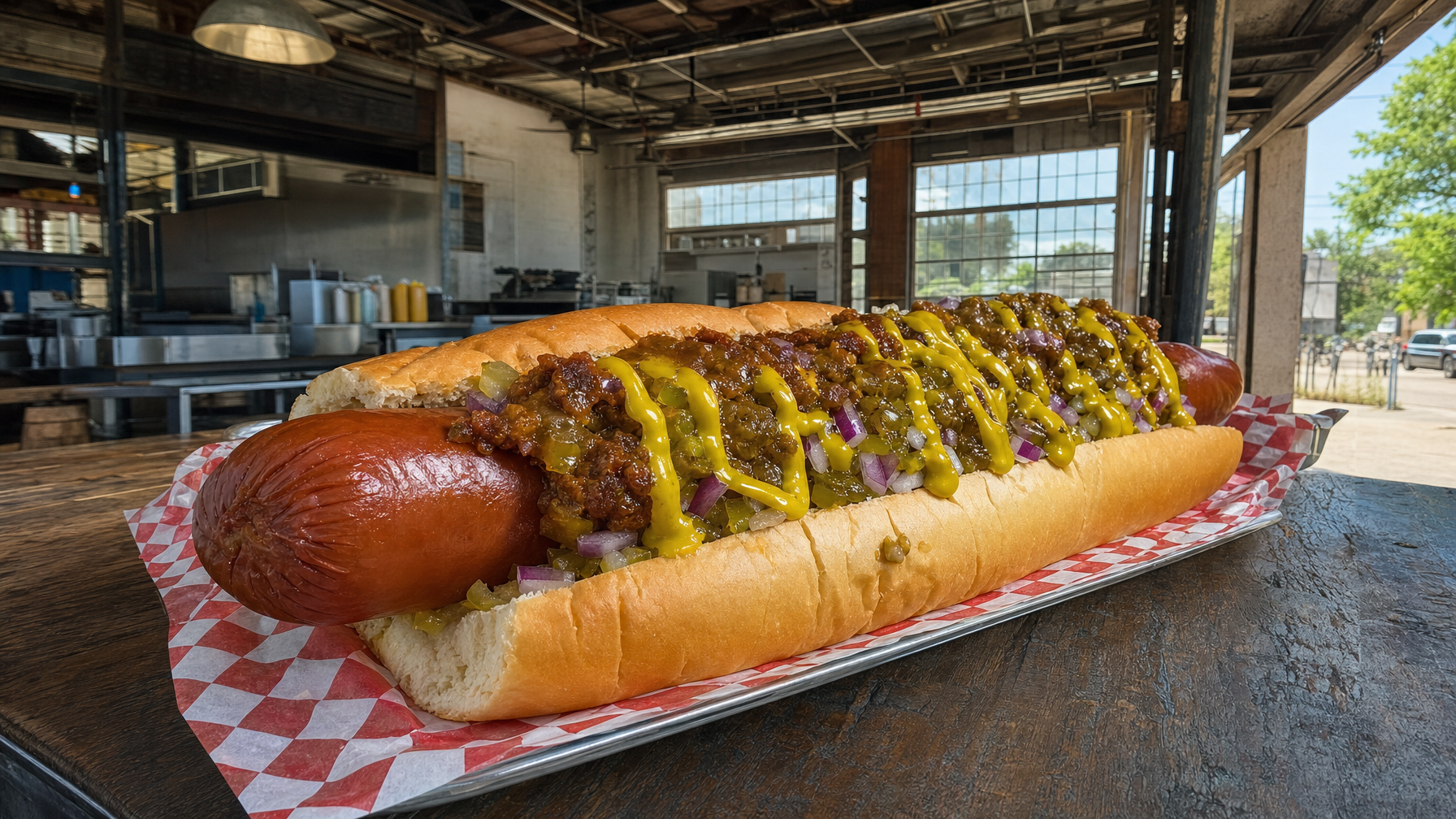 An unusually large hot dog topped with relish, chopped onions, and mustard sits on a checkered paper-lined tray on a wooden table in an industrial-style restaurant.