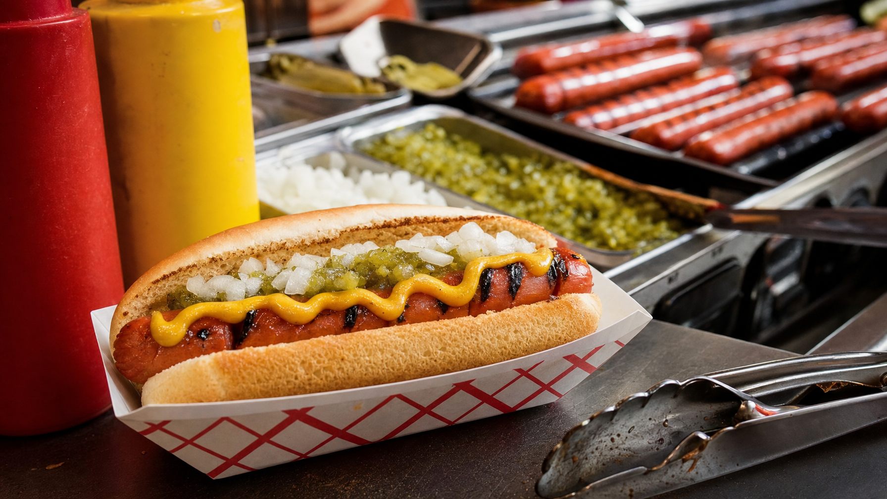 A grilled hot dog in a bun is topped with mustard, relish, and chopped onions on a paper tray at a hot-dog counter, with condiments and more sausages behind it.