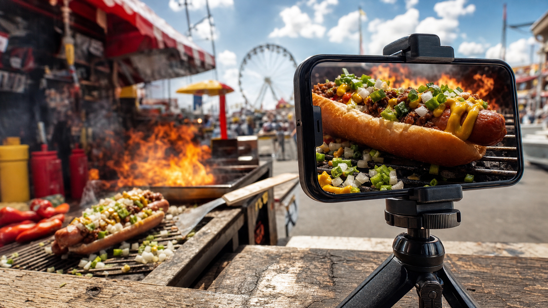A hot dog topped with onions, peppers, and mustard is grilled at a busy outdoor fairground while a smartphone on a tripod records it.