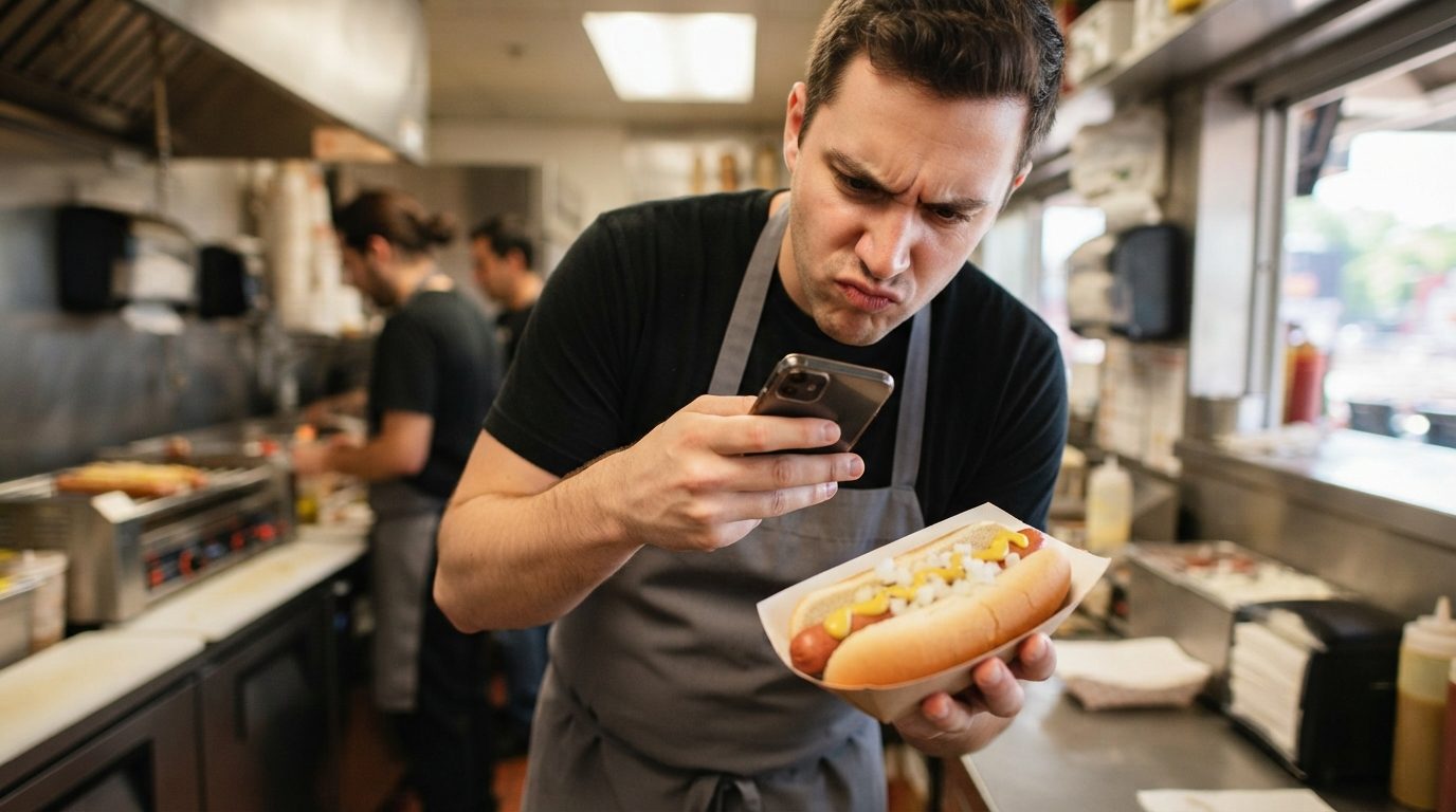 A food service worker in an apron examines a smartphone while holding a topped hot dog in a paper tray inside a busy commercial kitchen.