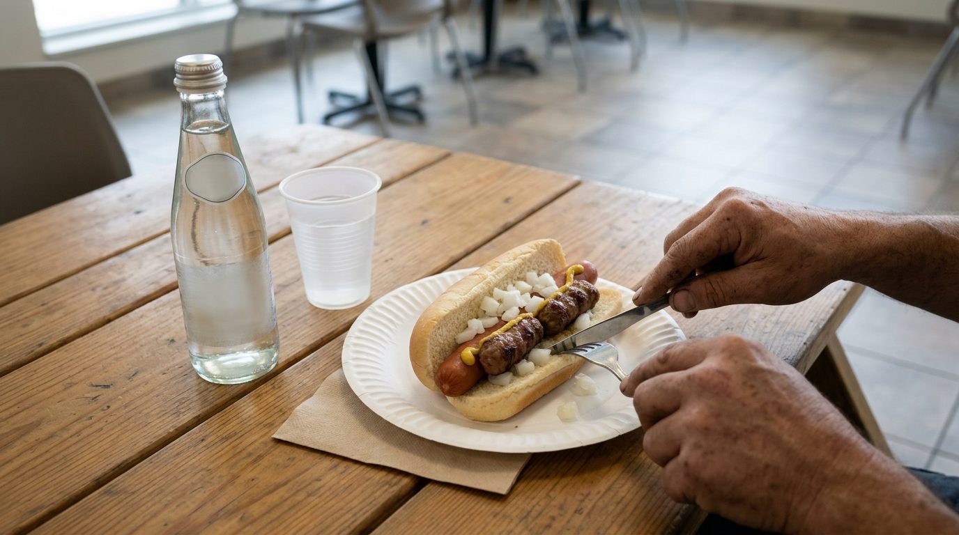 Hands use a knife and fork to cut a hot dog topped with grilled sausages, mustard, and chopped onions on a paper plate at a wooden table in a cafeteria.
