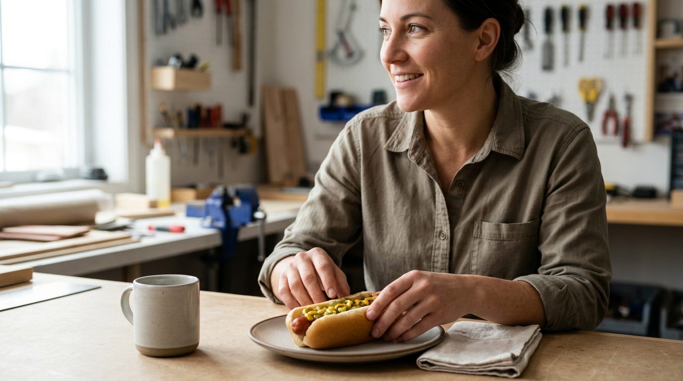 A smiling woman holds a mustard-topped hot dog on a plate at a workbench in a bright craft workshop.