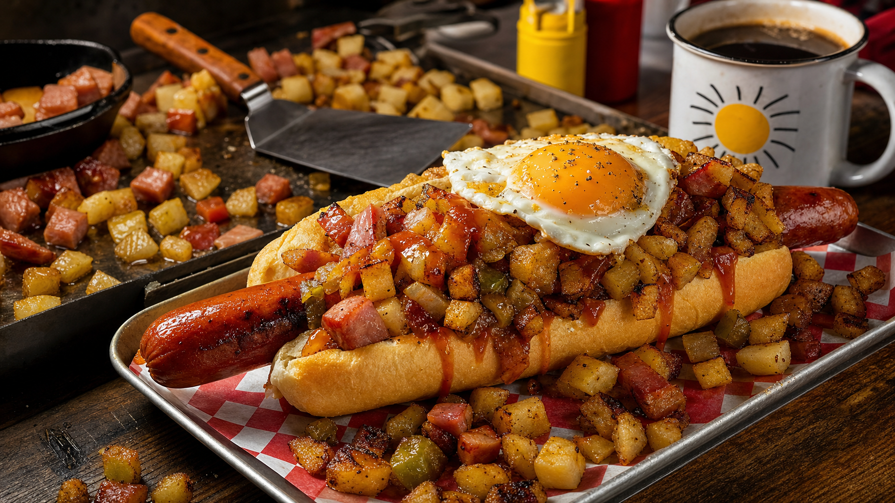 A hot dog in a bun is topped with diced breakfast hash and a fried egg on a checkered tray, with a griddle, spatula, coffee mug, and condiments behind it.