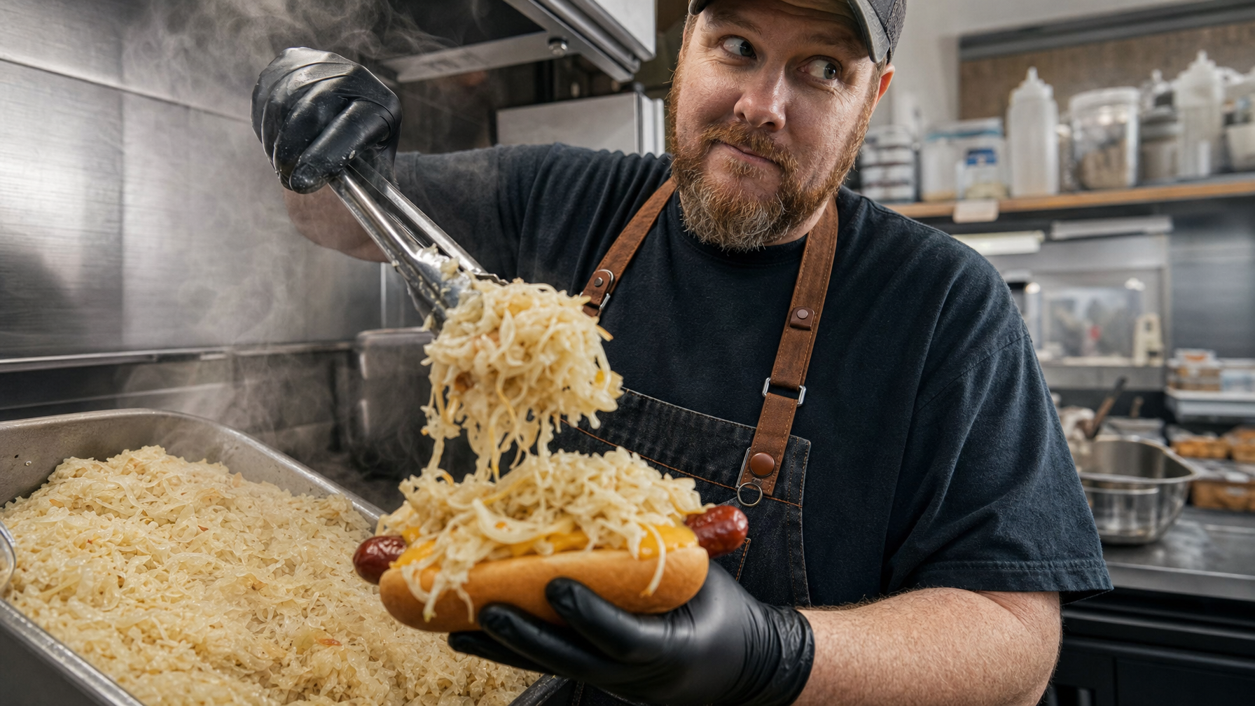 A food preparer in gloves adds sauerkraut to a cheese-topped hot dog in a commercial kitchen.