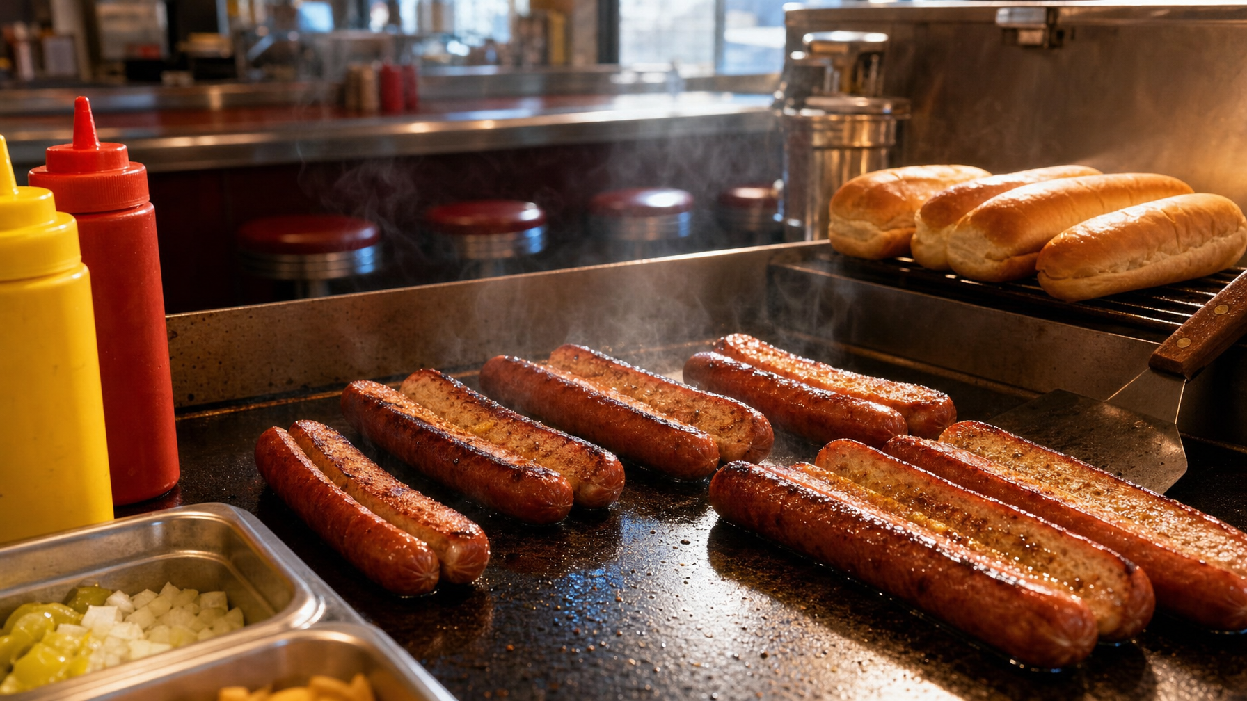 Split sausages cook on a steaming griddle in a diner kitchen, with toasted rolls on a rack, condiment bottles at left, and trays of chopped toppings in the foreground.