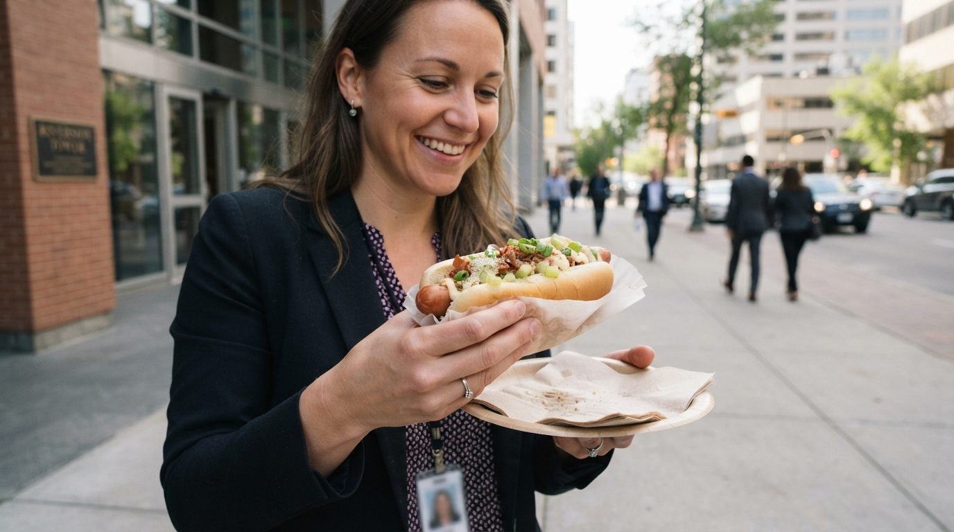 A smiling woman holds a topped hot dog and a paper plate while standing on a downtown sidewalk.