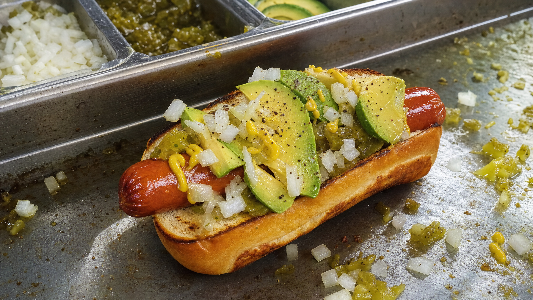 A grilled hot dog in a toasted bun is topped with avocado slices, diced onions, relish, and mustard on a metal food-preparation surface.
