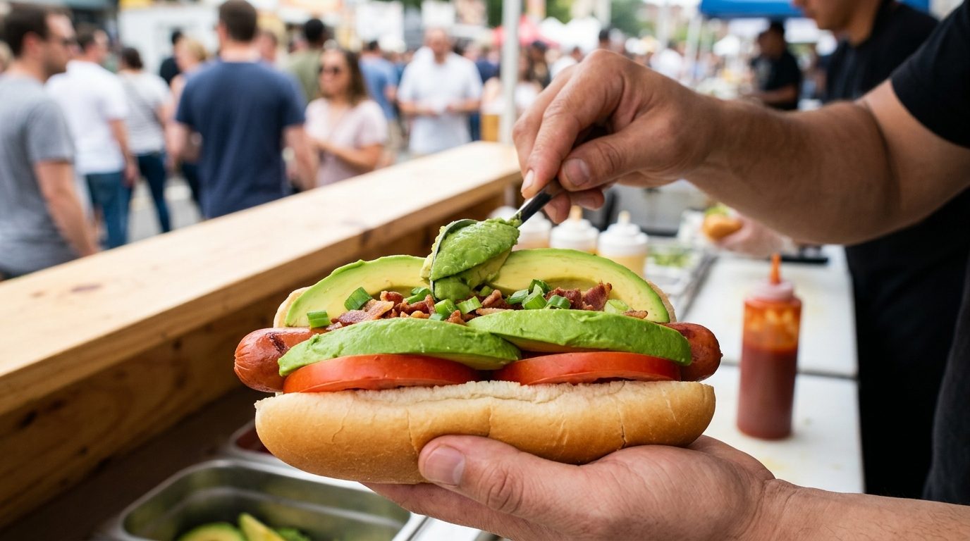 A person adds mashed avocado to a hot dog topped with avocado slices, tomato, and bacon at a busy food stall.