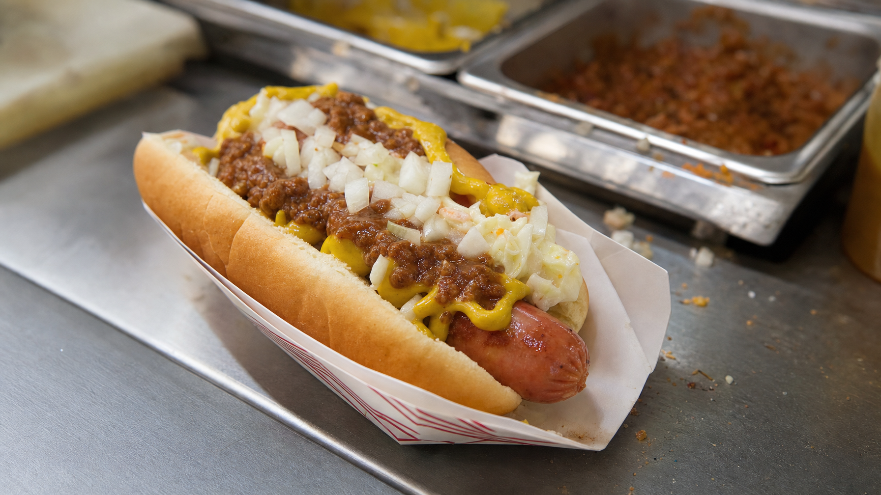 A loaded hot dog in a bun sits in a paper tray on a stainless-steel counter, topped with mustard, chili, diced onions, and creamy salad, with ingredient pans behind it.