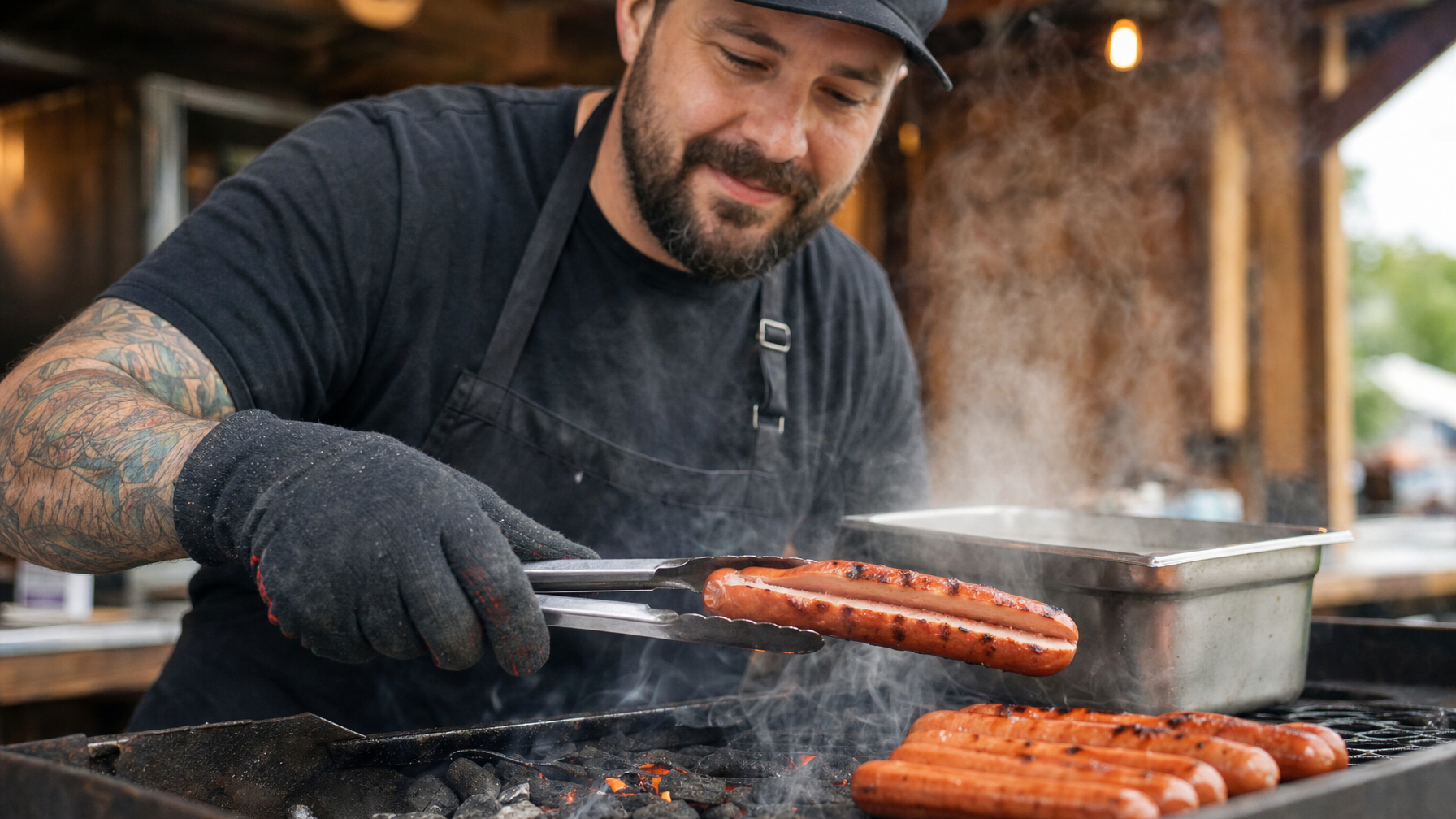 A person in an apron uses tongs to hold a split, steaming hot dog over glowing charcoal, with more hot dogs cooking on the grill nearby.
