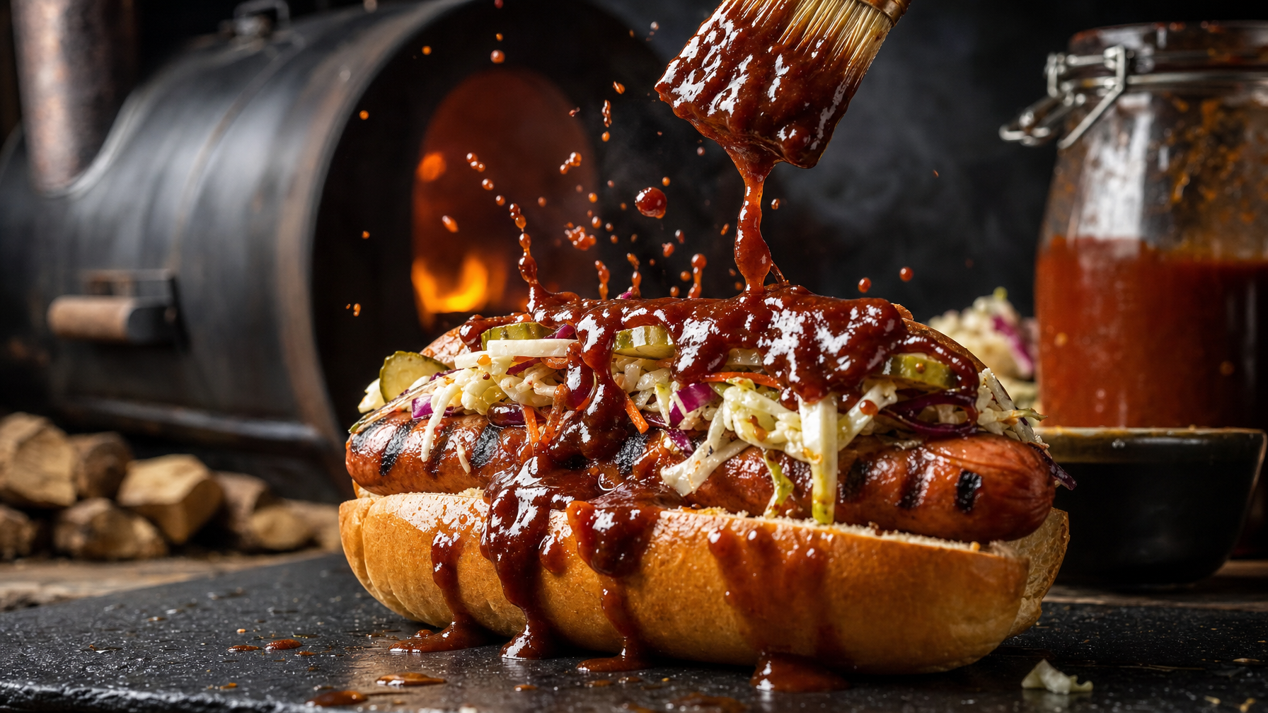 A grilled hot dog in a bun is topped with coleslaw while thick barbecue sauce drips from a brush, with a smoker and sauce jar in the background.