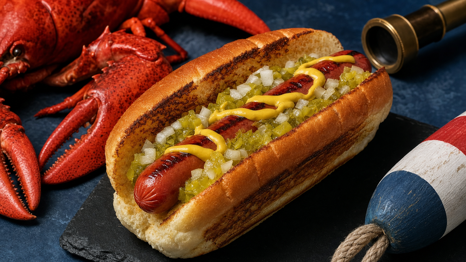 A grilled hot dog sits in a toasted bun with relish, diced onion, and mustard, accompanied by a lobster, a telescope, and a buoy on a dark tabletop.