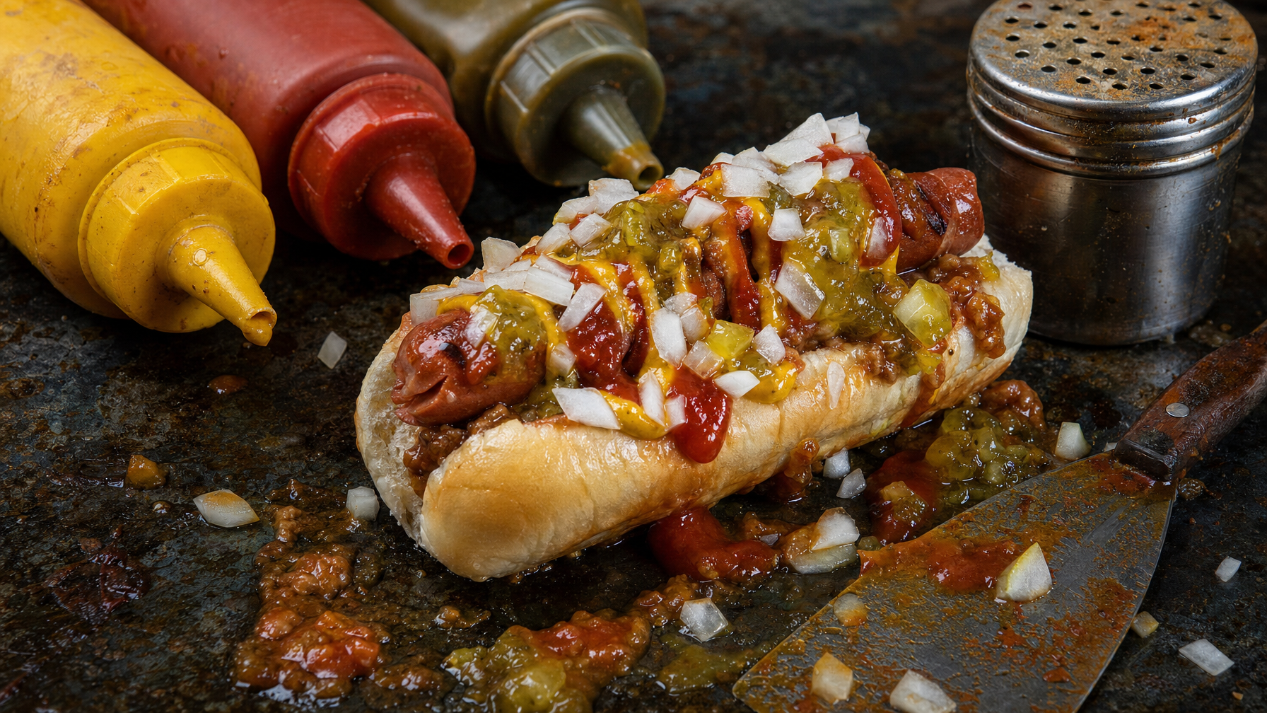A hot dog piled with red and yellow sauces, relish, chopped onions, and meat sits in a bun on a messy dark work surface beside condiment bottles, a shaker, and a spatula.