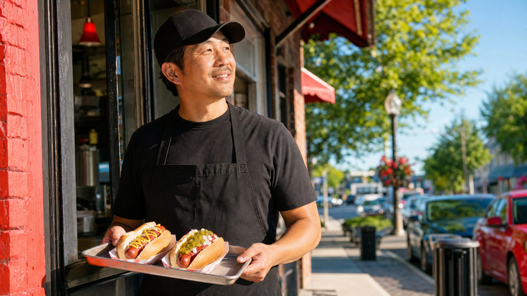 A food vendor in a black apron carries a tray with two dressed hot dogs outside a storefront on a sunny city sidewalk.