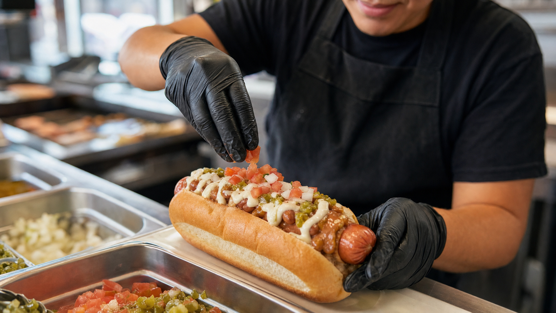 A food worker in black gloves adds diced toppings to a loaded hot dog at a stainless-steel food-service counter.