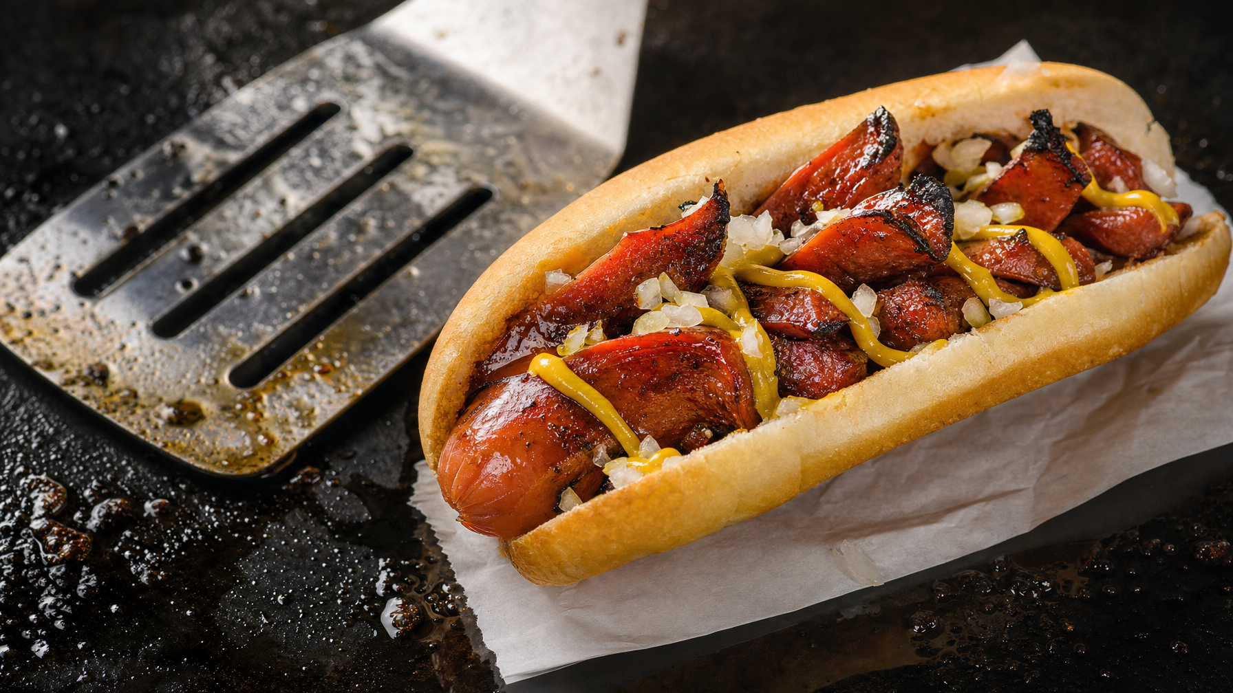 A grilled sausage sandwich in a bun is topped with chopped onions and yellow mustard beside a greasy metal spatula on a dark cooking surface.