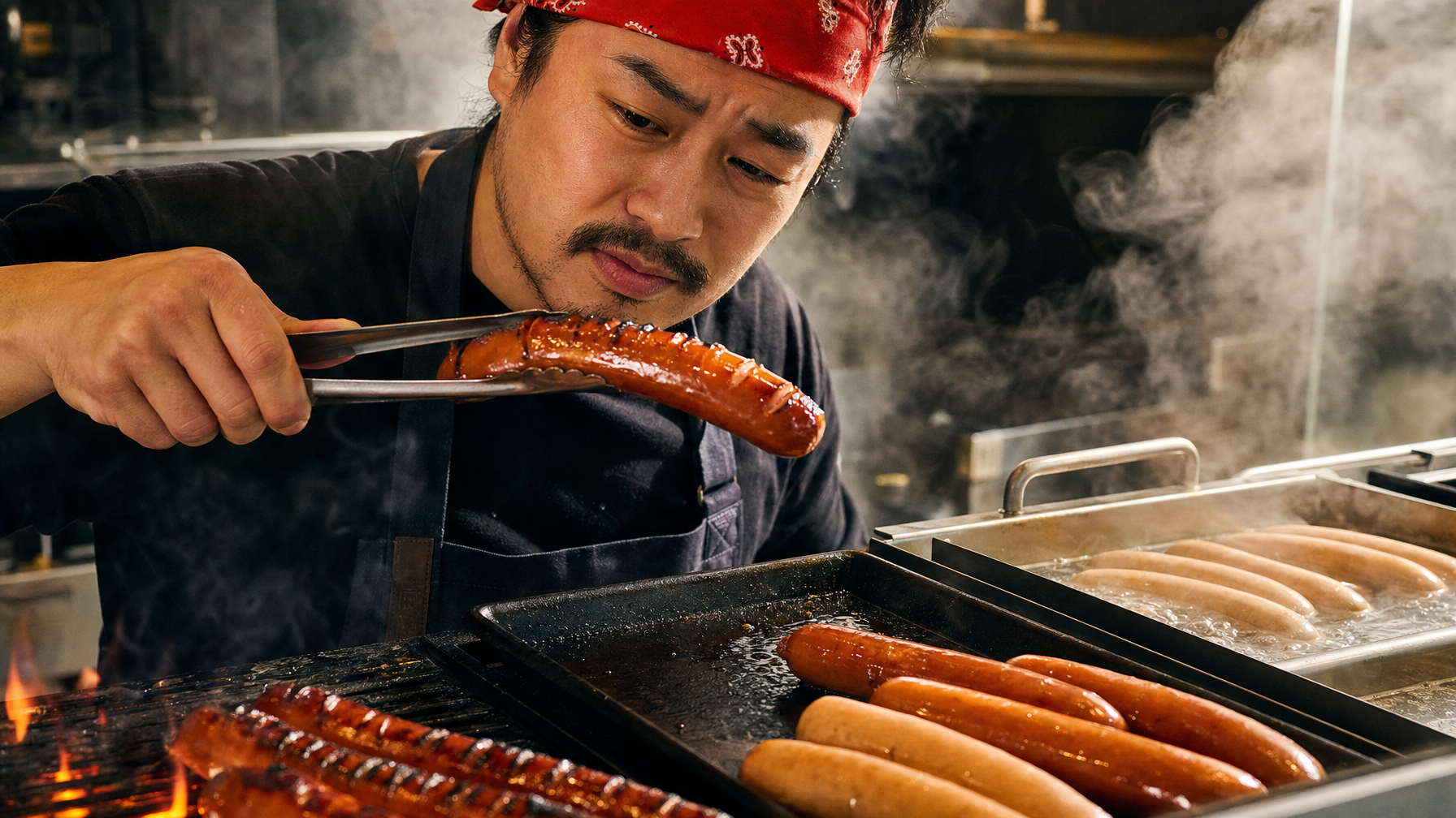 A person in an apron uses tongs to lift a browned sausage over a grill, with more sausages cooking on a griddle and in a steaming tray.
