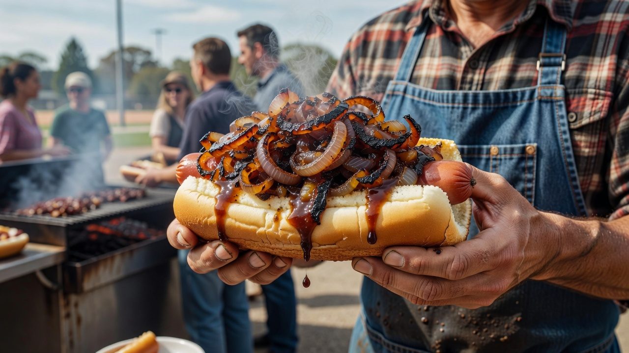 A person in an apron holds a hot dog piled with charred onions and sauce beside a smoking outdoor grill, with several people in the background.