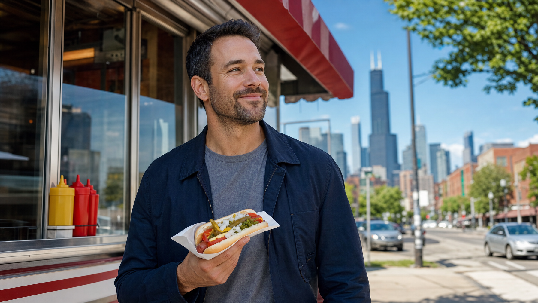 A person holds a loaded hot dog outside a sidewalk food stand, with condiment bottles and a city skyline in the background.