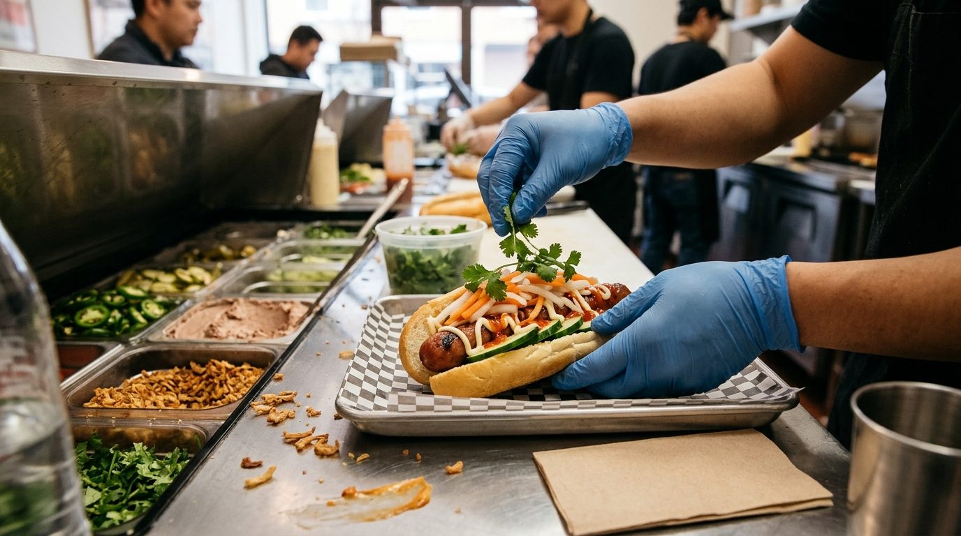 A gloved food worker garnishes a loaded hot dog with cilantro at a stainless steel restaurant prep counter, with toppings and other workers in the background.