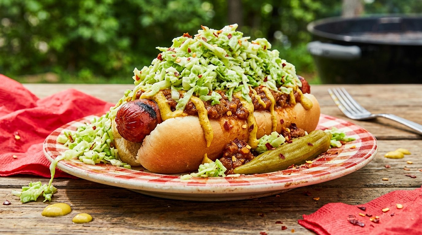 A chili-covered hot dog in a bun is topped with shredded slaw and mustard on a patterned plate with a pickle, set on an outdoor wooden table.