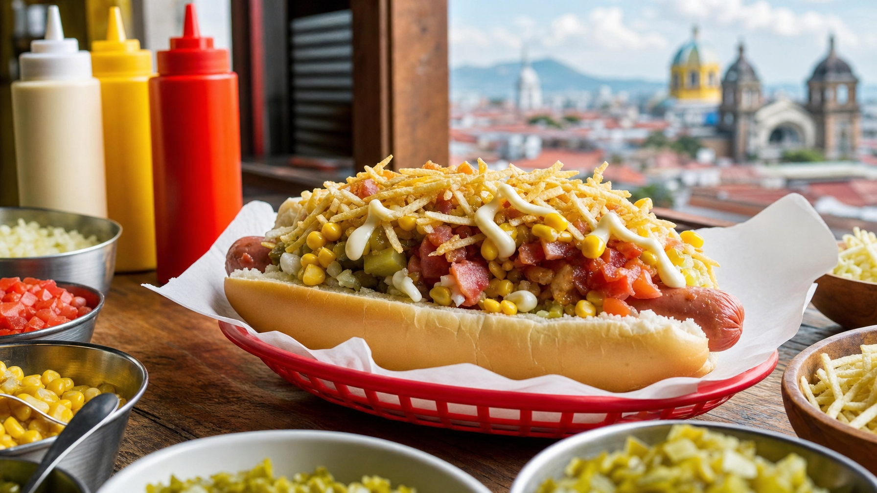 A hot dog piled with corn, diced tomatoes, potato sticks, pickles, and white sauce sits in a red basket on a tabletop, surrounded by condiment bottles and bowls of toppings beside a city view.