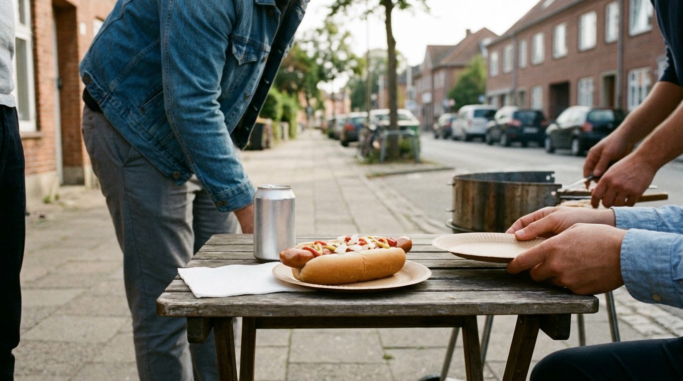 Two topped hot dogs sit on a plate at a wooden outdoor table, while people handle plates and utensils on a residential street.