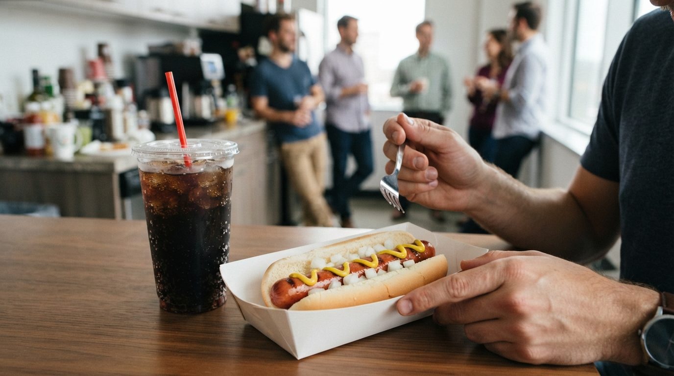 A person holds a fork beside a hot dog topped with mustard and onions and a cup of soda on a table in a busy cafeteria, with other people near a food counter.