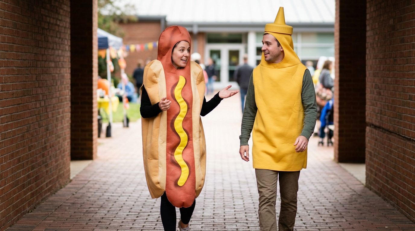Two people in oversized hot dog and mustard costumes walk and talk through a brick passage at an outdoor gathering.