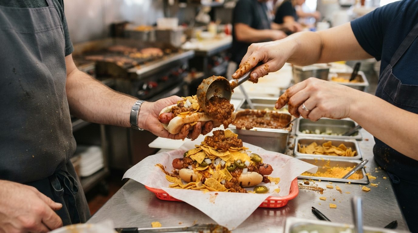 Food handlers assemble chili dogs with chili, corn chips, cheese and peppers at a busy commercial kitchen counter.