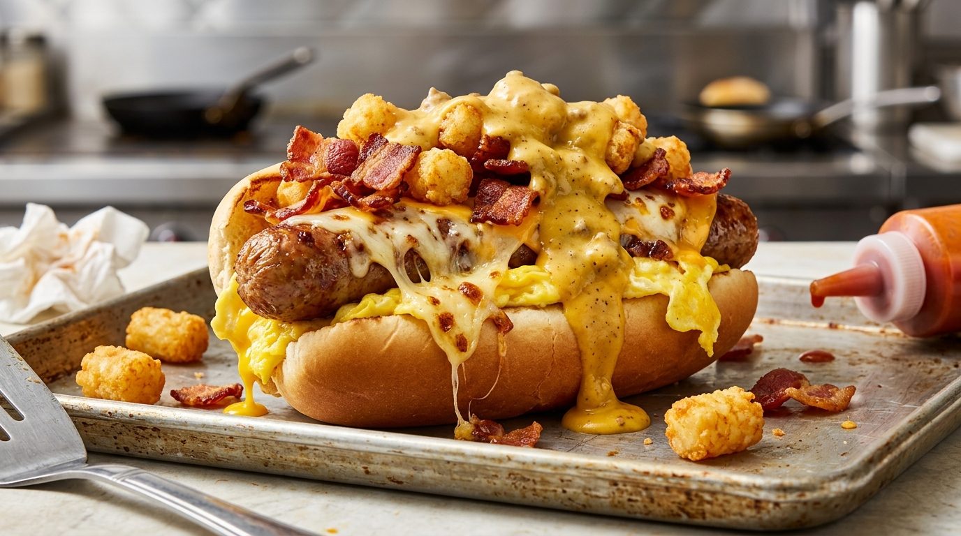 A loaded sausage hot dog topped with scrambled eggs, melted cheese, bacon, gravy, and fried potato bites sits on a metal baking tray in a kitchen.