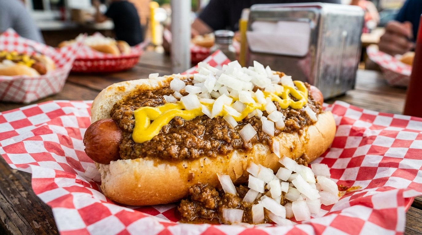 A chili-topped hot dog with mustard and diced onions sits on red-and-white checkered paper at a busy restaurant table.
