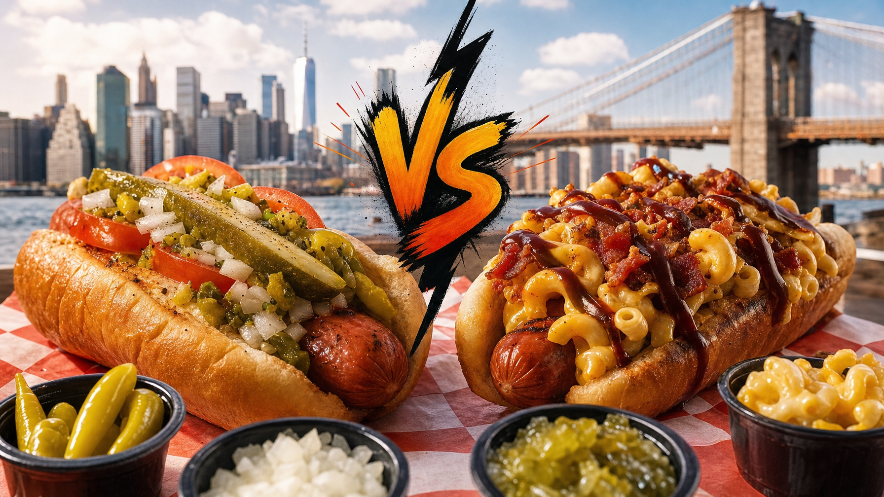 Two heavily topped hot dogs sit on a checkered table with bowls of condiments, while a waterfront city skyline and suspension bridge fill the background.