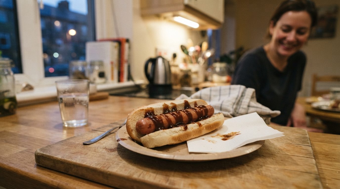 A hot dog covered with brown sauce sits on a plate atop a wooden board in a home kitchen, with a person seated in the background.