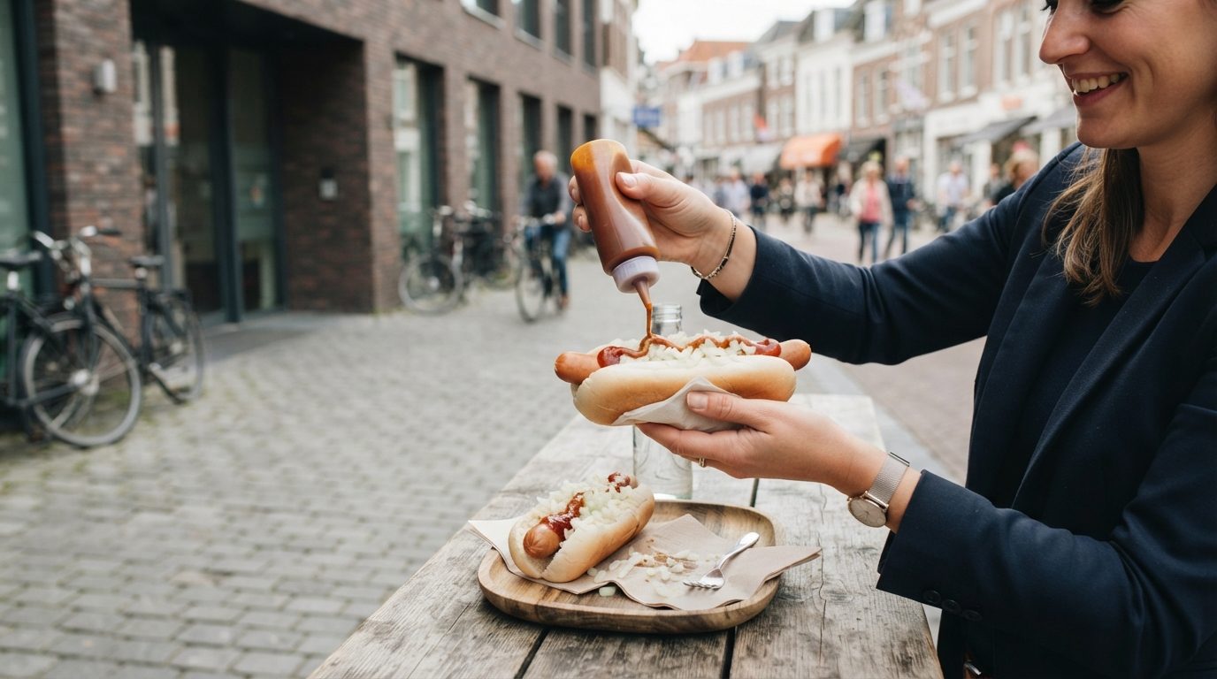 A person squeezes red sauce onto a hot dog in a bun topped with onions at a street-side table on a cobbled urban street.