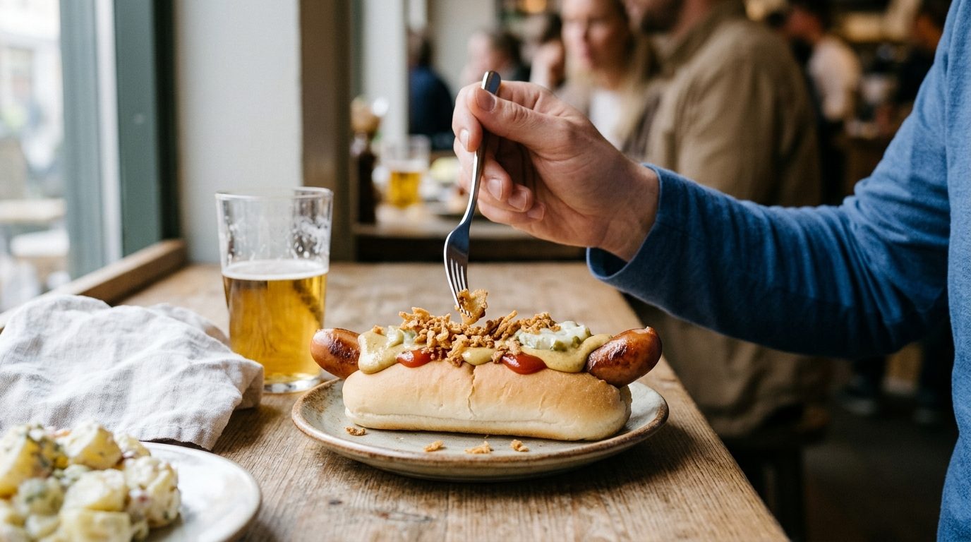 A topped hot dog sits on a plate as a diner lifts a bite with a fork at a busy restaurant table, beside a glass of beer.