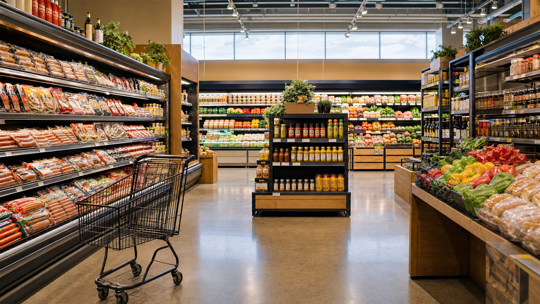 A shopping cart stands in a grocery aisle beside shelves of packaged sausages, condiments, and fresh produce.